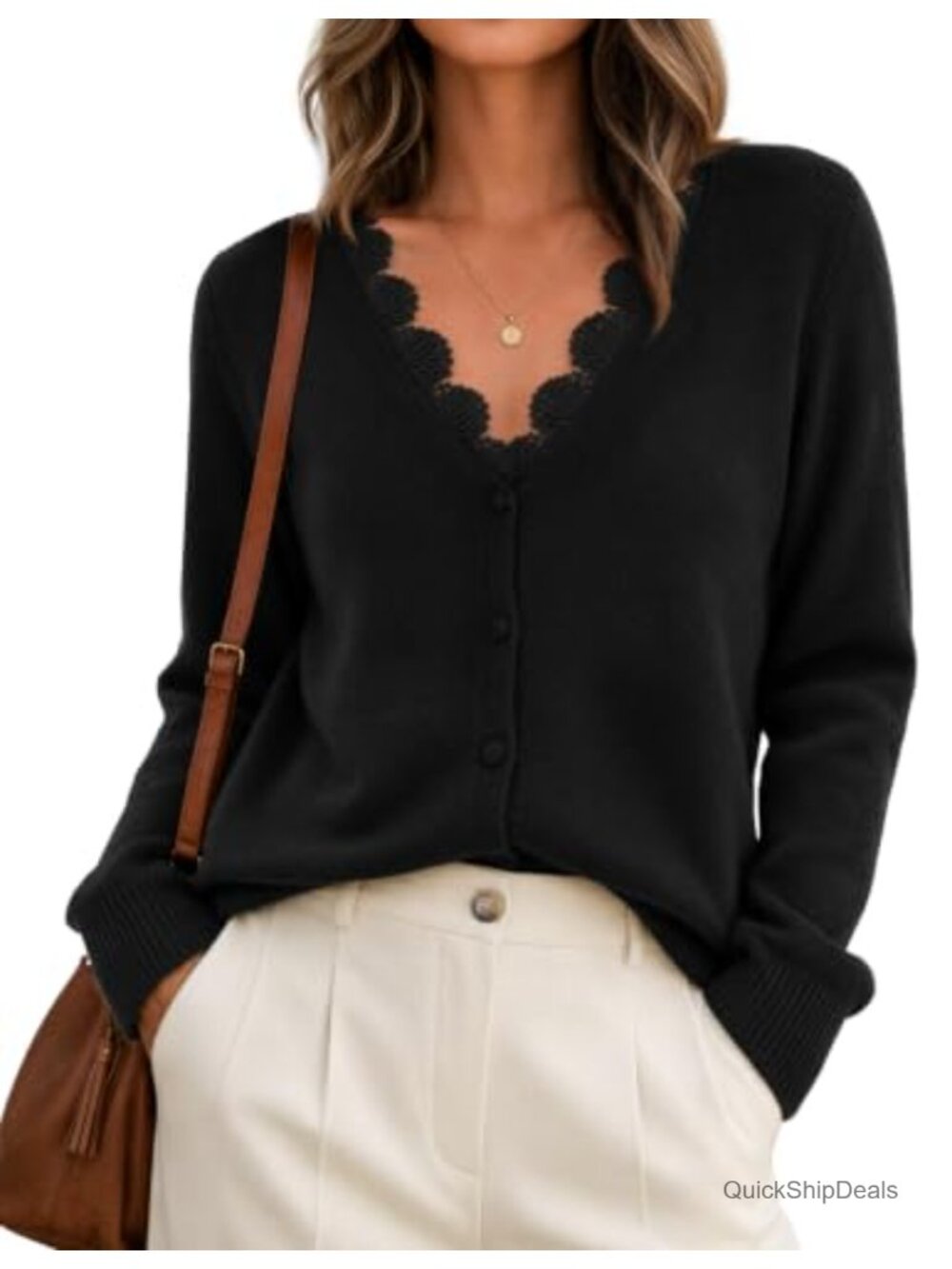 Women's Lace V Neck Button Up Cardigan Sweater Soft Knit Fall Work